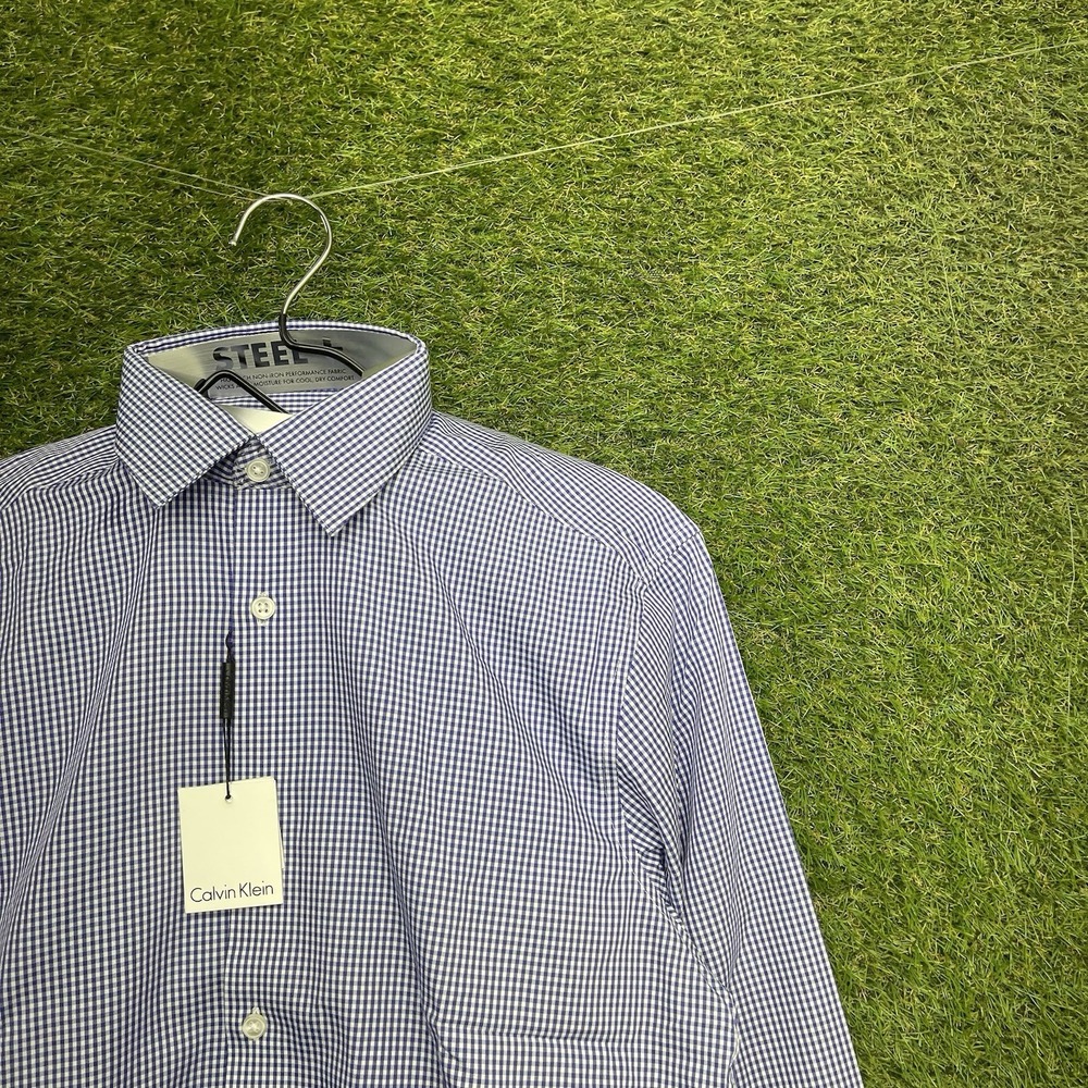 Calvin Klein Steel+ Dress Shirt Mens 15.5 32/33 Slim Fit Purple Dust Gingham NWT